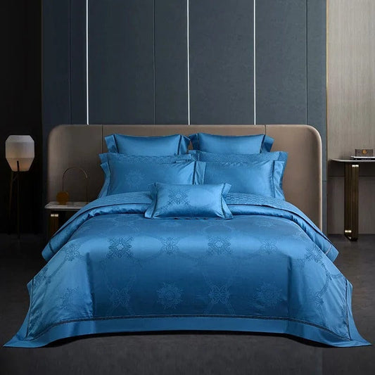 Set copripiumino di lusso in cotone egiziano blu – 200x230 cm con 2 federe eleganti