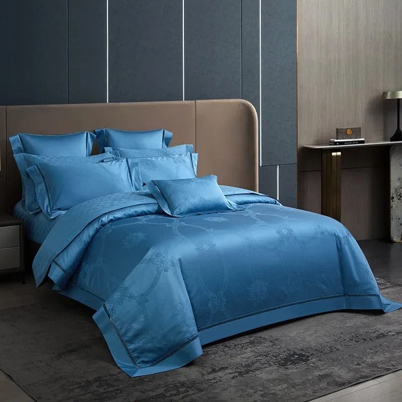 Set copripiumino di lusso in cotone egiziano blu – 200x230 cm con 2 federe eleganti