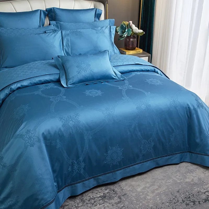 Set copripiumino di lusso in cotone egiziano blu – 200x230 cm con 2 federe eleganti