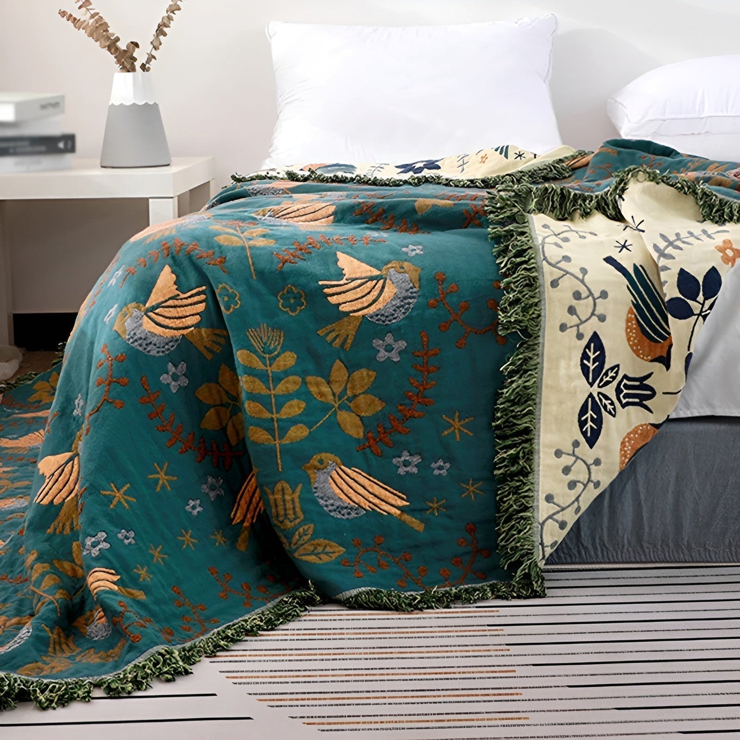 Coperta di cotone reversibile con motivo floreale e uccelli – Scelta Sonno verde in 150x200 cm o 200x230 cm