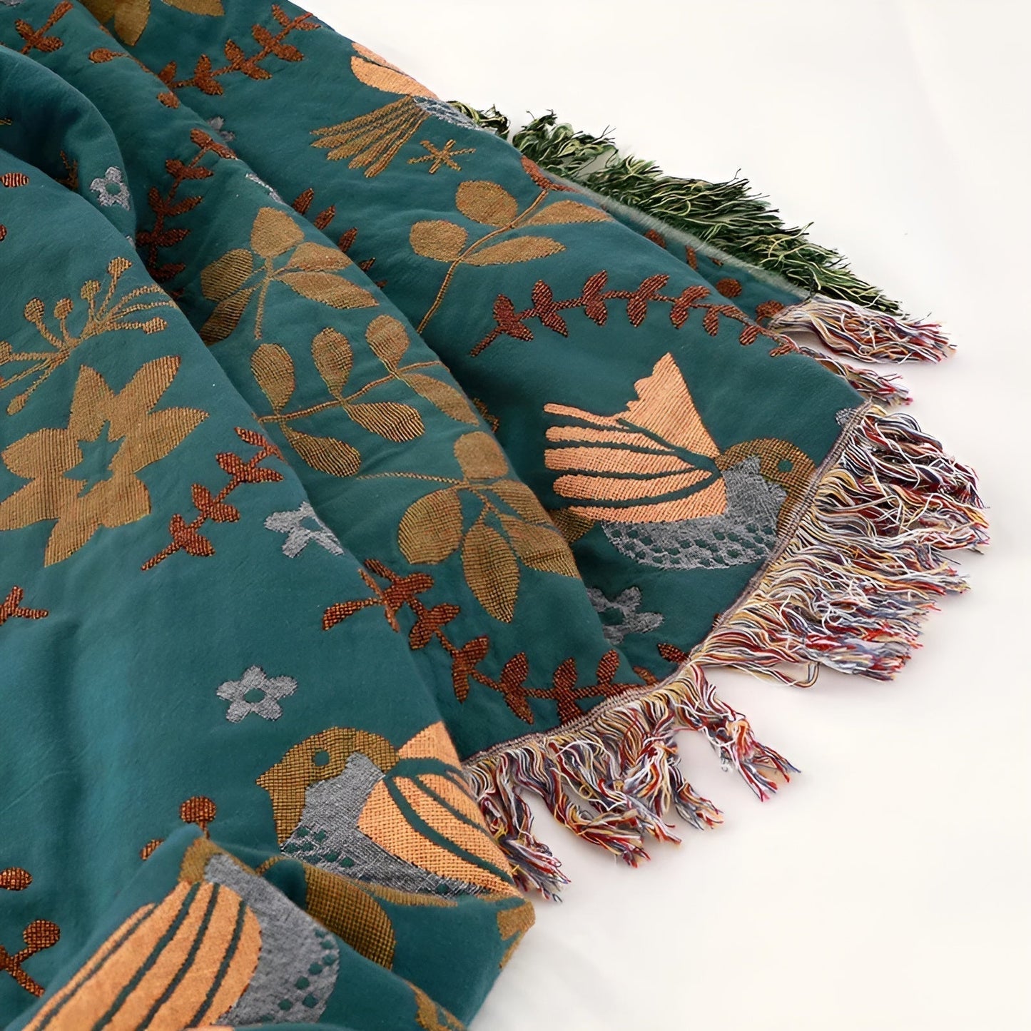 Coperta di cotone reversibile con motivo floreale e uccelli – Scelta Sonno verde in 150x200 cm o 200x230 cm