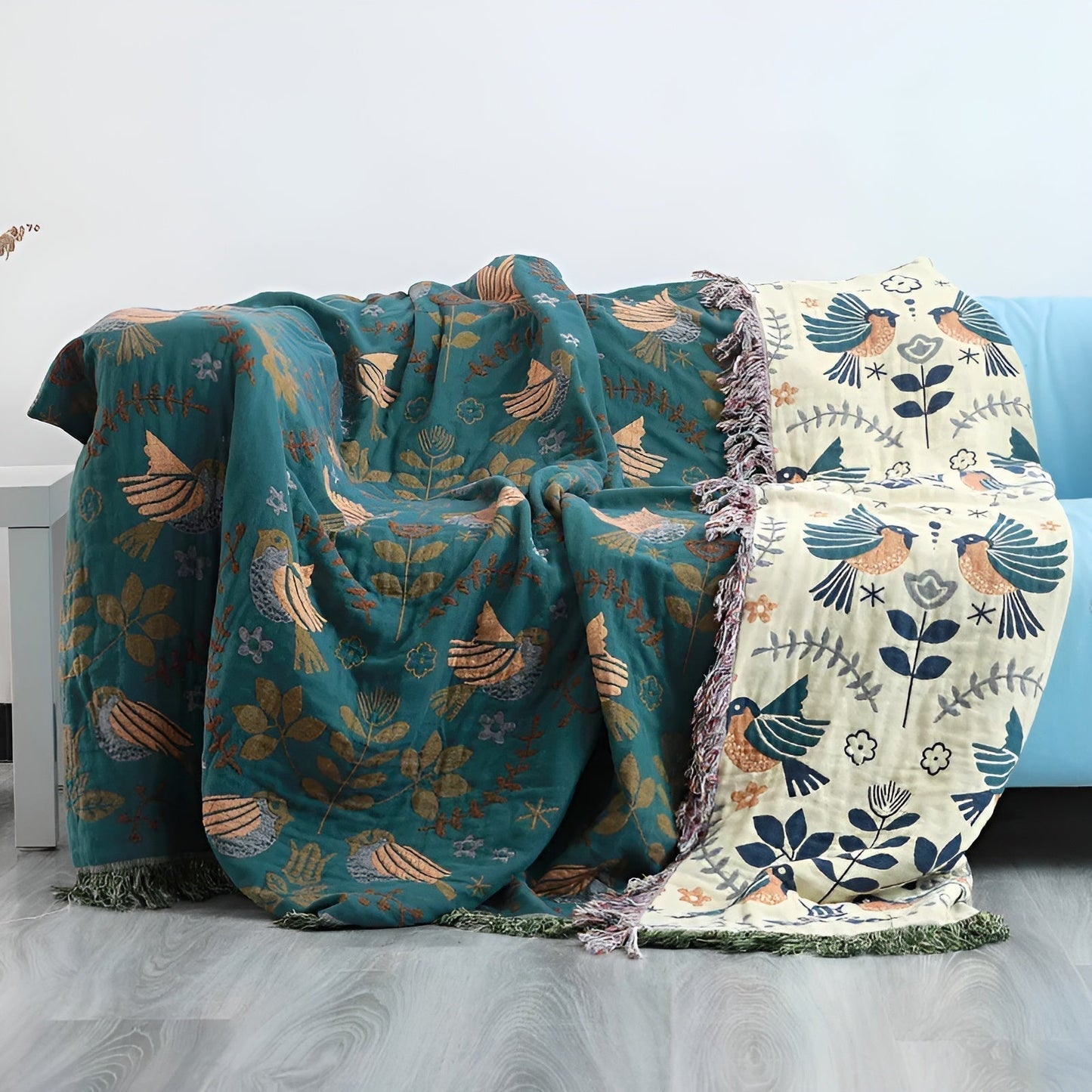 Coperta di cotone reversibile con motivo floreale e uccelli – Scelta Sonno verde in 150x200 cm o 200x230 cm