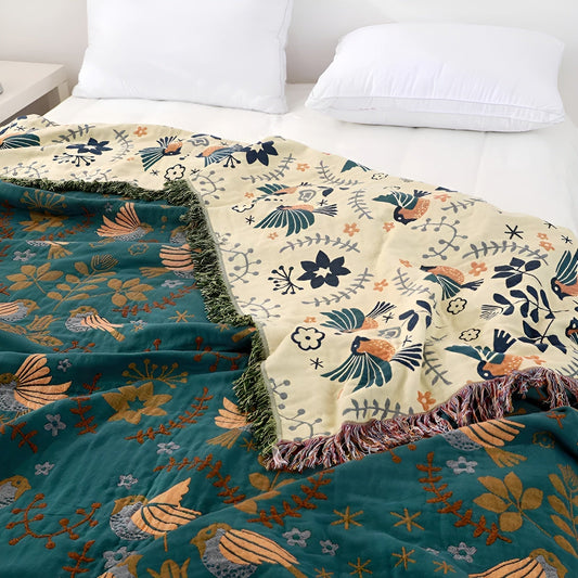 Coperta di cotone reversibile con motivo floreale e uccelli – Scelta Sonno verde in 150x200 cm o 200x230 cm