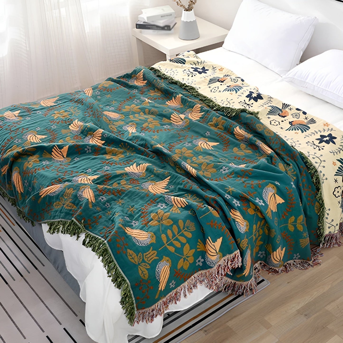 Coperta di cotone reversibile con motivo floreale e uccelli – Scelta Sonno verde in 150x200 cm o 200x230 cm