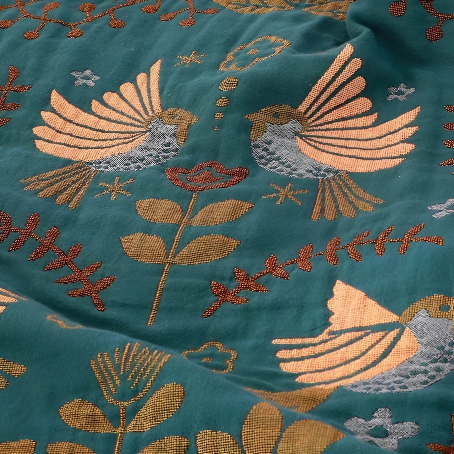 Coperta di cotone reversibile con motivo floreale e uccelli – Scelta Sonno verde in 150x200 cm o 200x230 cm
