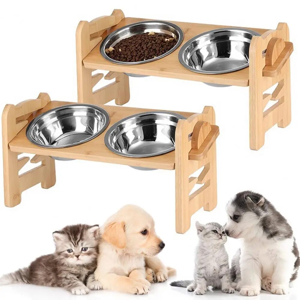 Set di Alimentazione Doppia di Lusso PawElegance con Bamboo Delicato e Acciaio Inossidabile per Animali Domestici