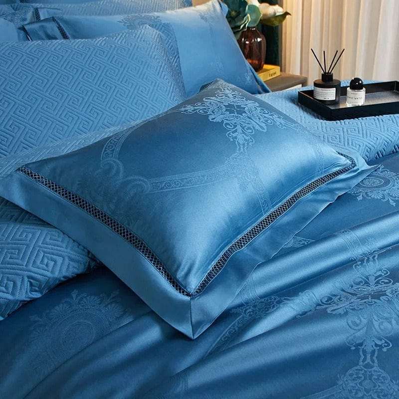 Set copripiumino di lusso in cotone egiziano blu – 200x230 cm con 2 federe eleganti