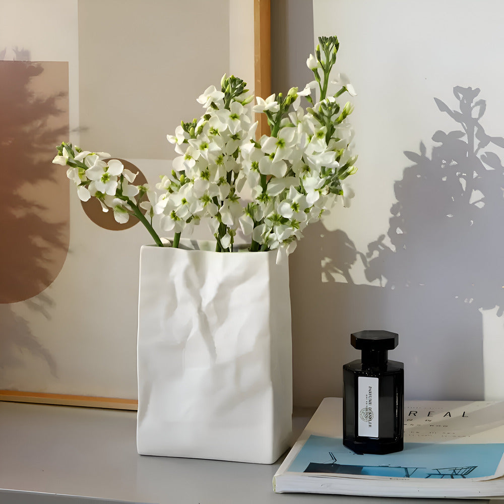 Celorie - Vaso in ceramica moderno e alla moda con design a sacchetto di carta